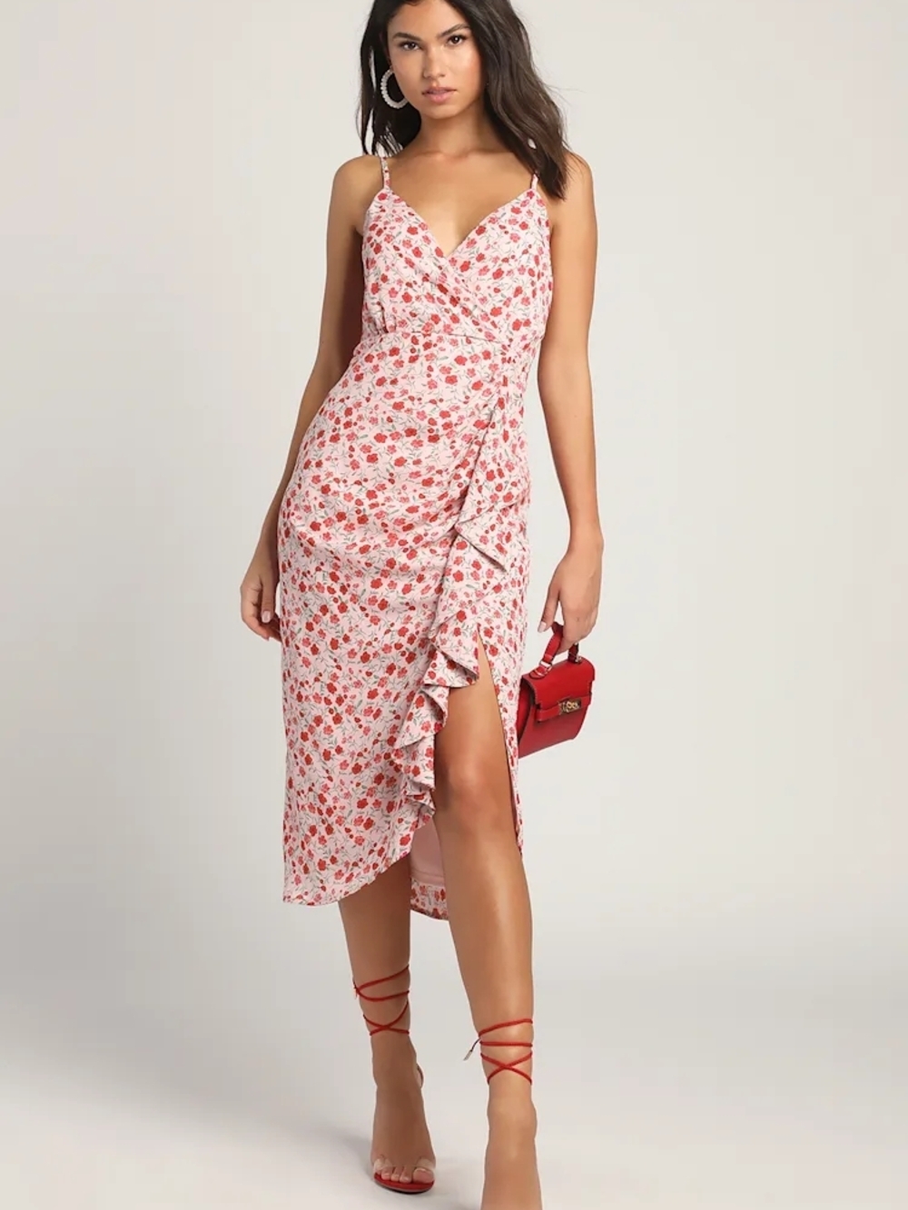 Lulus Floral Pink Ruffle Wrap Midi Dress